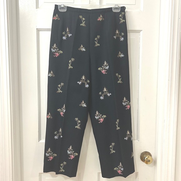 Talbots Pants - Talbots‎ 8 Petites Silk Cotton Black Embroidered Asian Pagoda Palm Cropped Pants